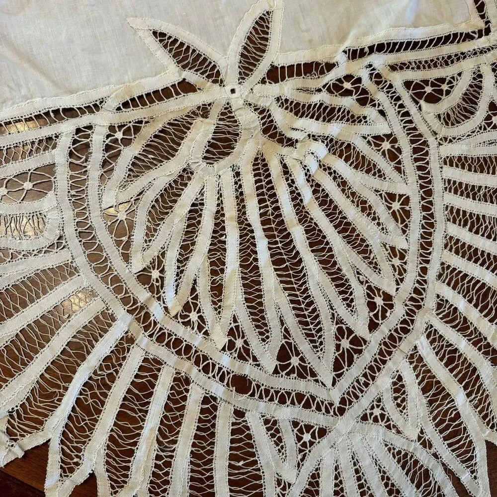 Antique Square Battenburg Lace Table Cloth 42” Square Hand Stitches